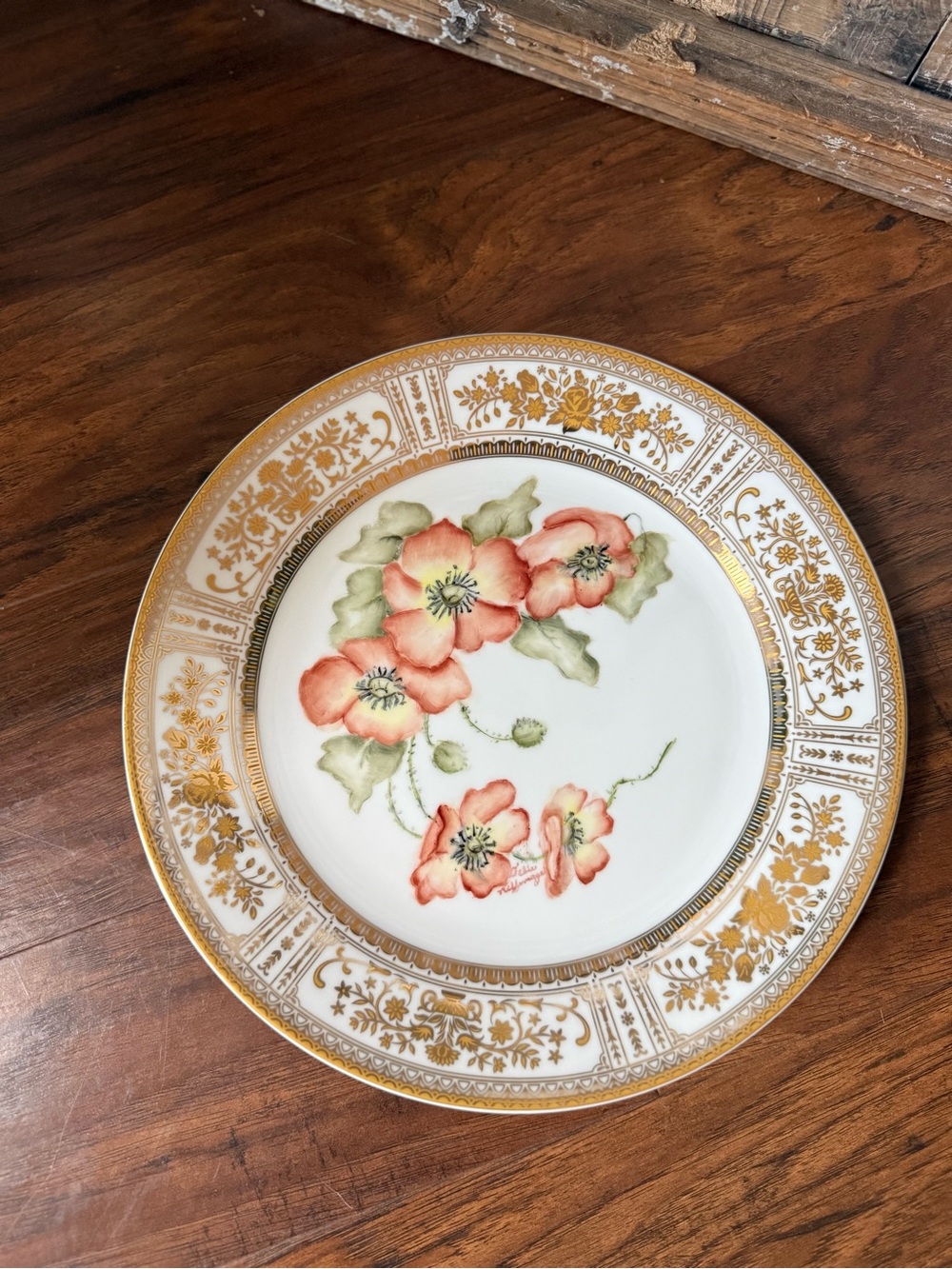 Vintage GNA Fine Porcelain 10.5” Dinner Plate-Pink Poppies-Gold Encrusted Trim